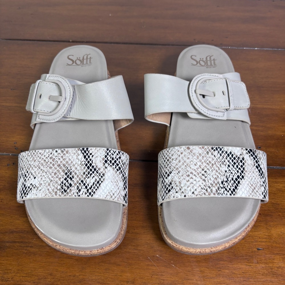 Sofft Slide Sandals Womens 7.5 Grey Snakeskin Leather Buckle Comfort SF0064908
